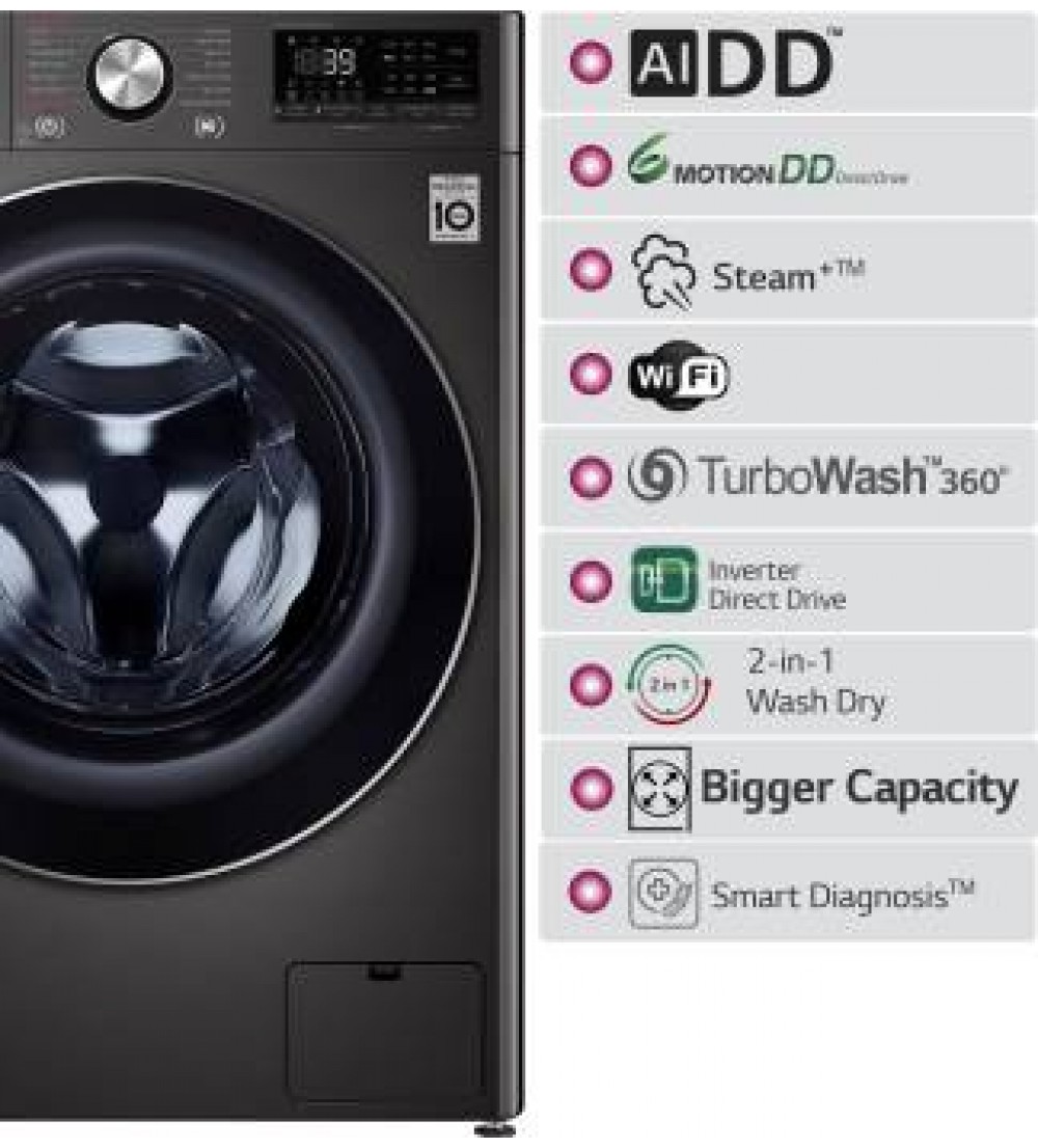 LG 10.5/7 kg Inverter Wi-Fi with with Allergy care Washer with Dryer with In-built Heater Black  (FHD1057STB)