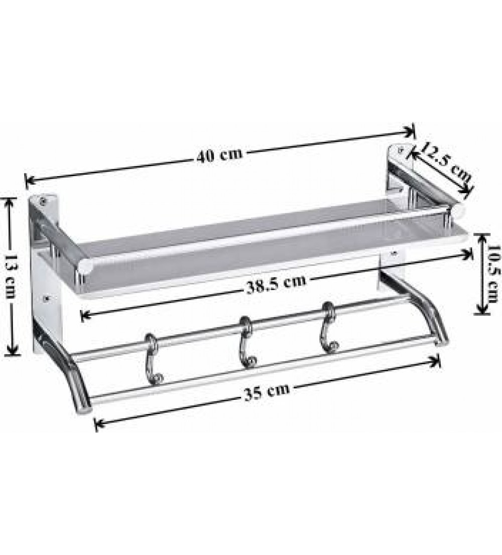 Plantex High Grade Stainless Steel Multipurpose 2 Tier Bathroom Shelf with Towel Holder/Towel Hooks/Bathroom Accessories Wall-Mount (Silver) Stainless Steel Wall Shelf  (Number of Shelves - 1)