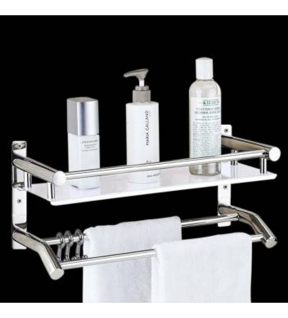 Plantex High Grade Stainless Steel Multipurpose 2 Tier Bathroom Shelf with Towel Holder/Towel Hooks/Bathroom Accessories Wall-Mount (Silver) Stainless Steel Wall Shelf  (Number of Shelves - 1)