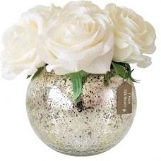 Shrih Faux White Rose Flowers with Mercury Glass Vase White Rose Artificial Flower with Pot  (5.5 inch, Pack of 5)