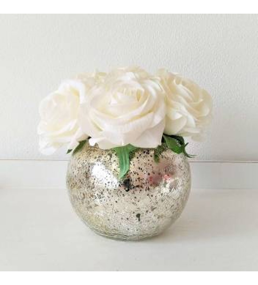 Shrih Faux White Rose Flowers with Mercury Glass Vase White Rose Artificial Flower with Pot  (5.5 inch, Pack of 5)