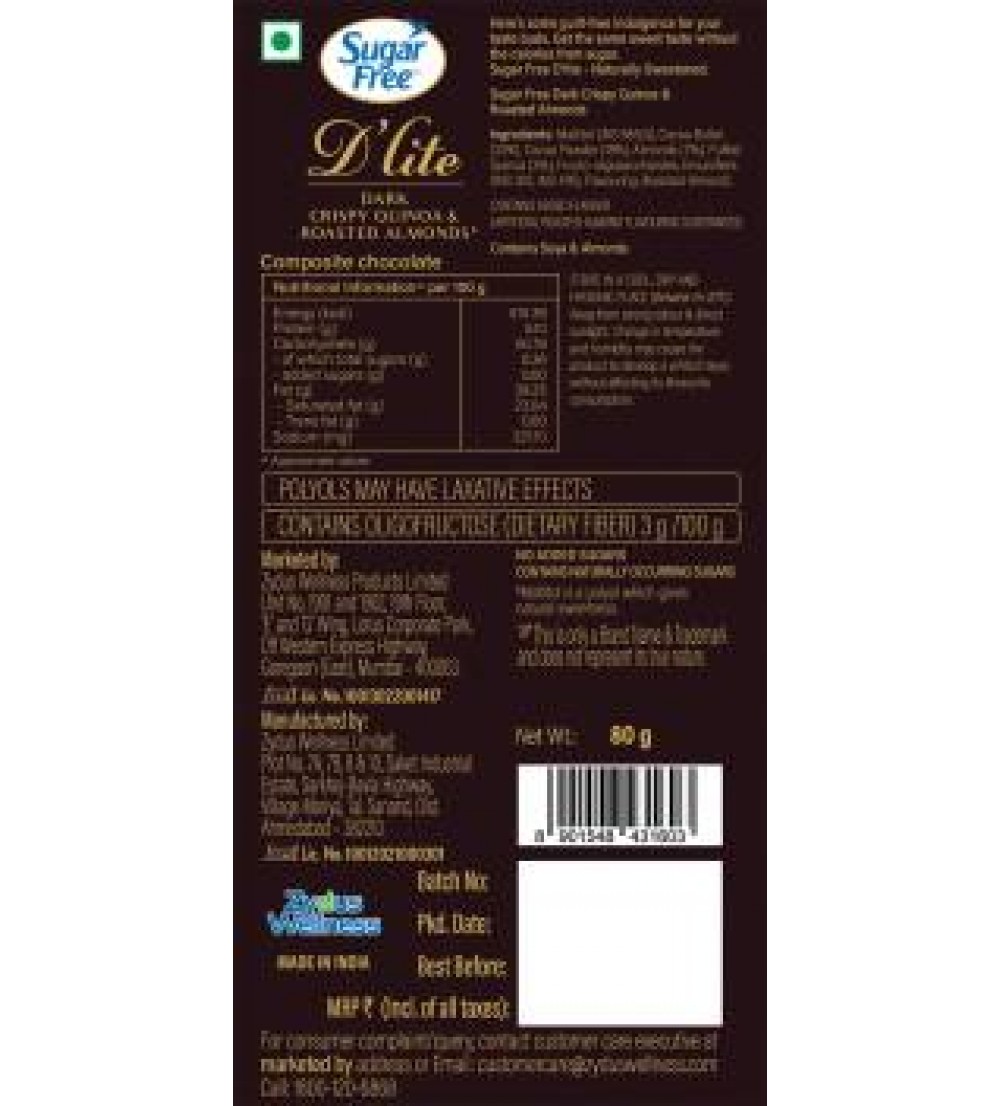 Sugarfree D'lite Quinoa & Almonds Dark Chocolate Bars  (3 x 80 g)