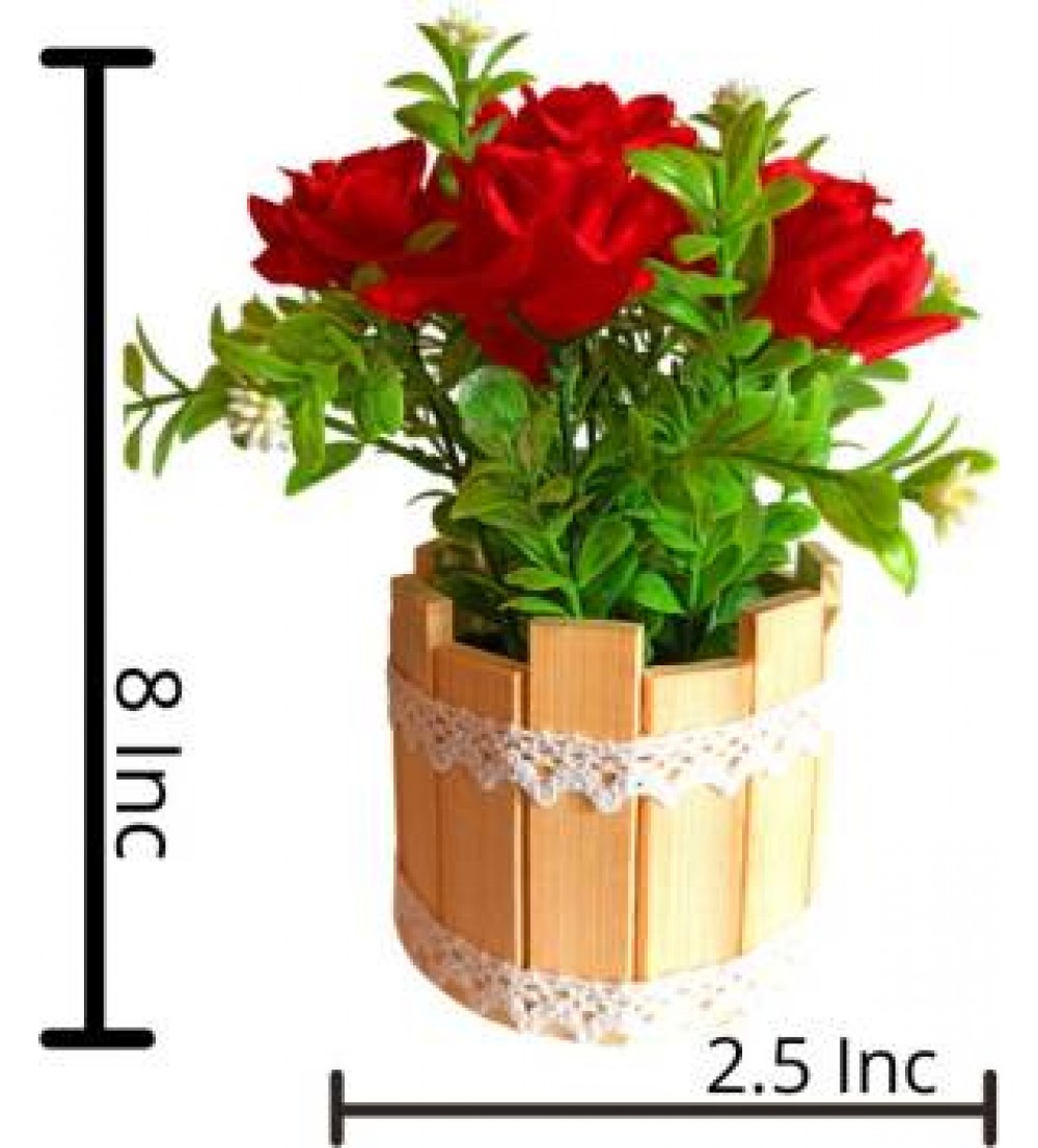 THE FLORAL STUDIO Bonsai Rose Red Rose Artificial Flower with Pot  (8.5 inch, Pack of 7)