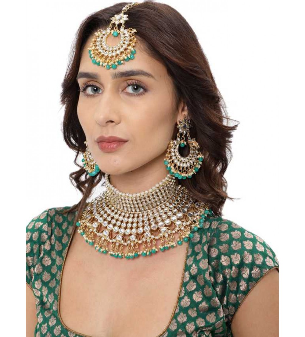 Zaveri Pearls  Zinc Jewel Set  (Gold, Turquoise)