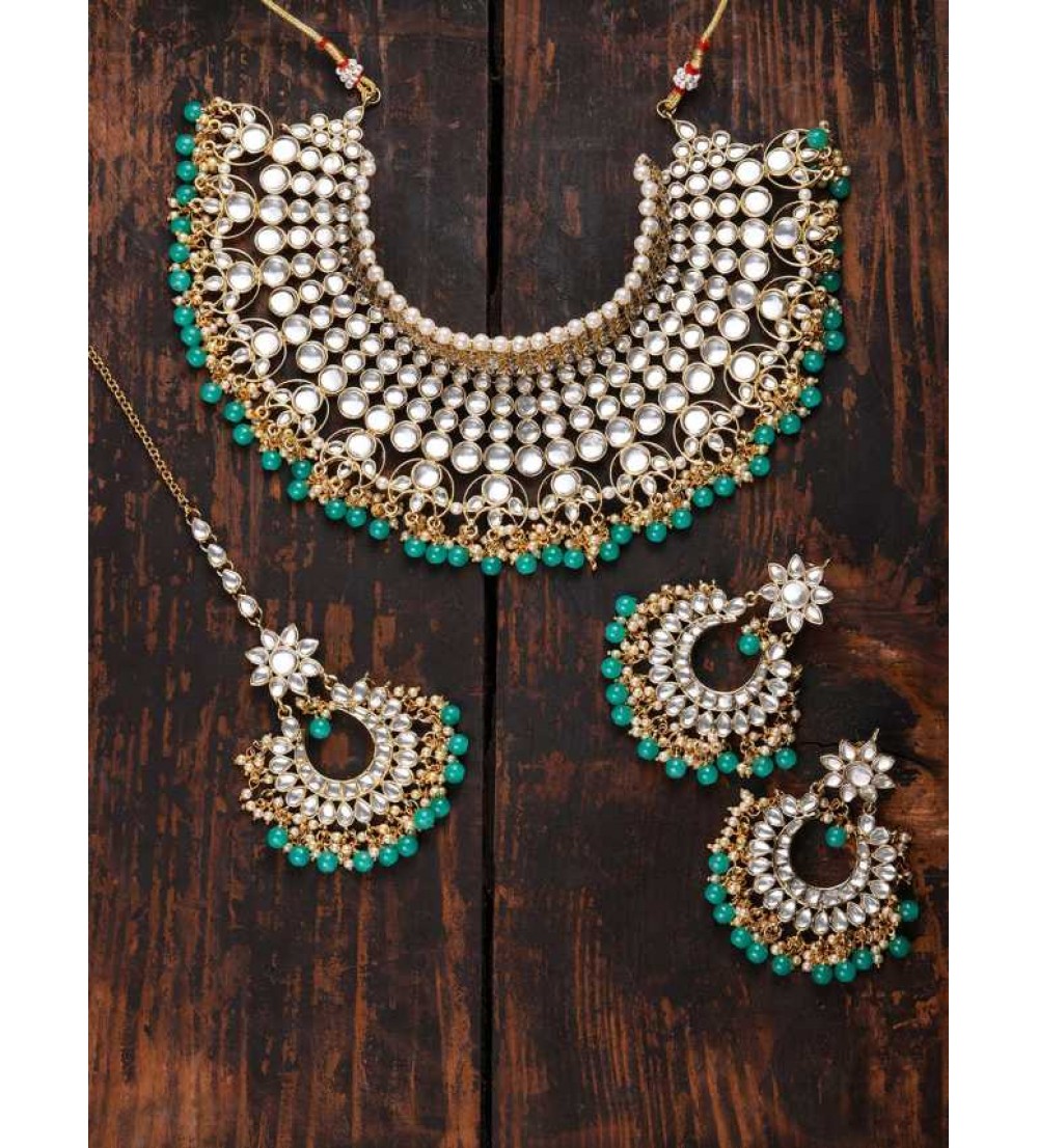 Zaveri Pearls  Zinc Jewel Set  (Gold, Turquoise)